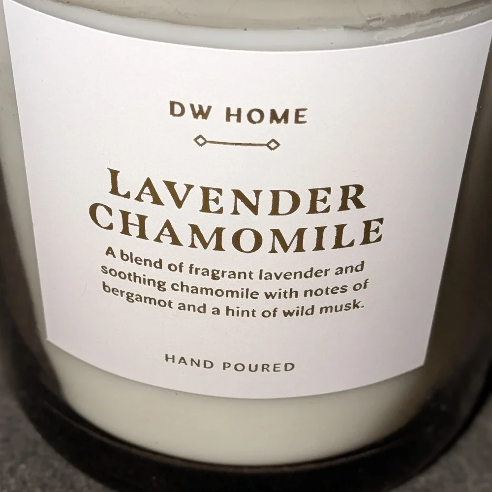 DW Home Lavender Chamomile Scented Candle 9oz Glass Jar Gold Trim Lid 5049 NEW